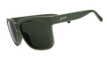 Three-quarter angle view of dark green sunglasses with green lenses designed to float in water.