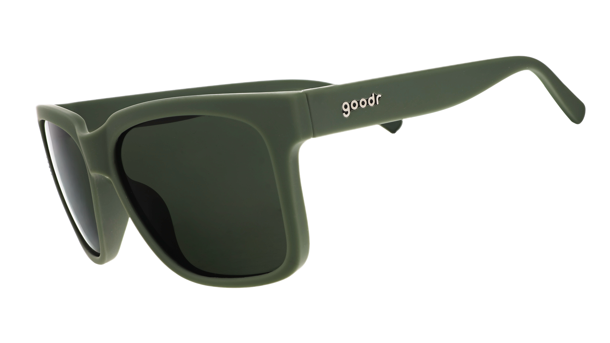 Three-quarter angle view of dark green sunglasses with green lenses designed to float in water.