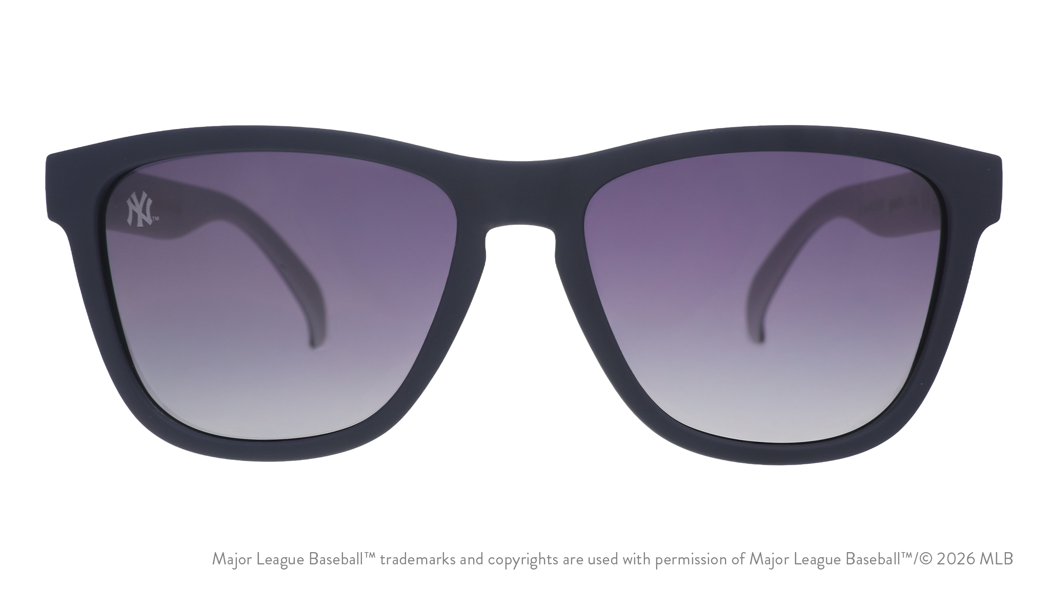 Front view of Mets shades with blue faceplate. Chrome reflective lenses have the team's script logo etched on the left lens.