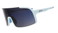 Sunglasses with a wraparound light blue frame and dark blue gradient lenses.