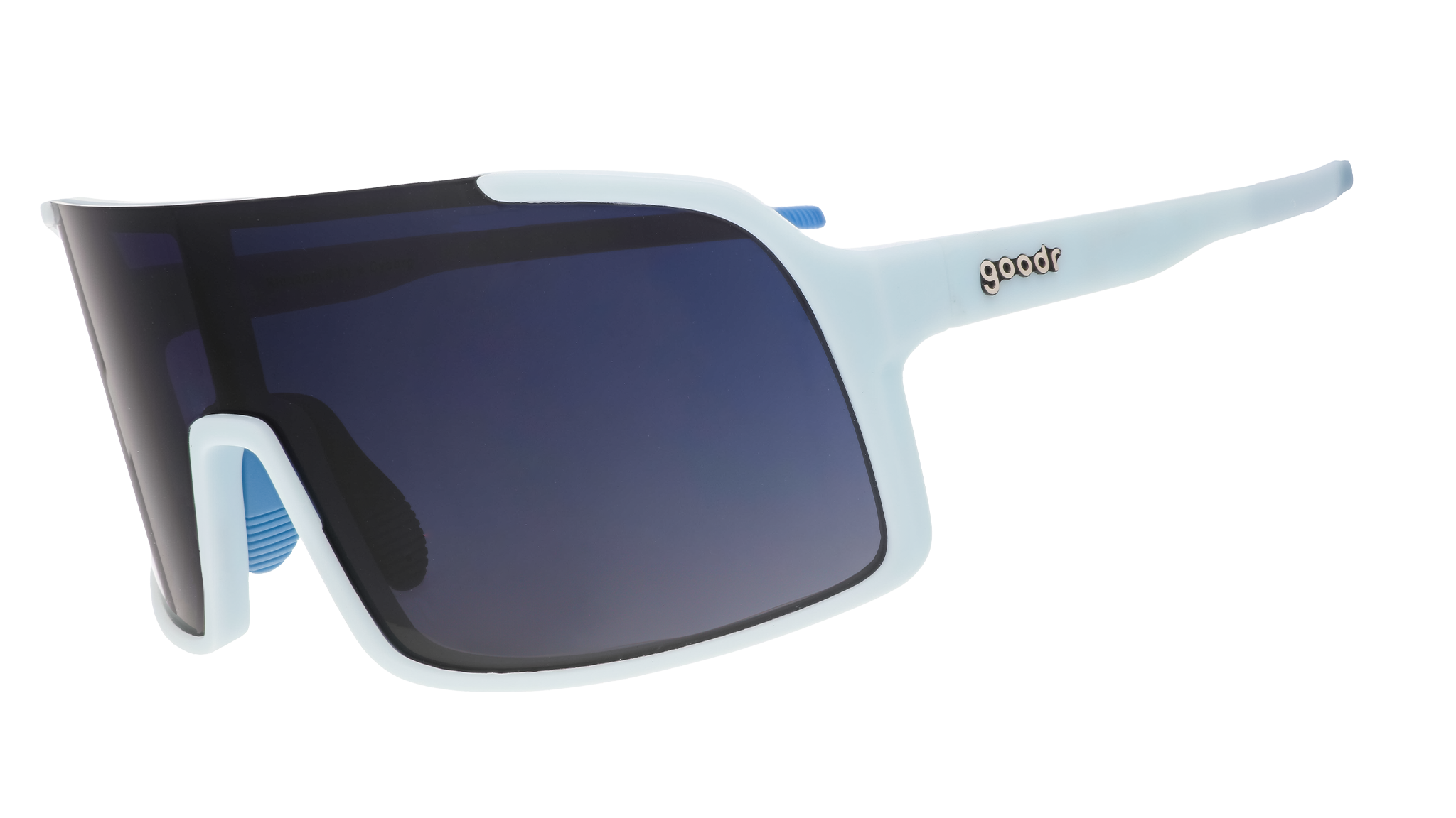 Sunglasses with a wraparound light blue frame and dark blue gradient lenses.