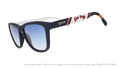 Three-quarter angle view of sunglasses. Dark blue frames w/ Sea Dogs on temples + blue gradient lenses.