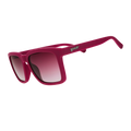 Three-quarter angle view of purple sunglasses w/ a square silhouette & purple gradient lenses tilted down.