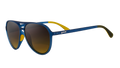 Three-quarter angle view of navy blue aviator sunglasses with dark amber gradient lenses.