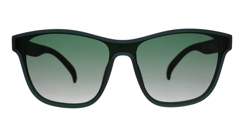 Front view of translucent teal one-lens sunglasses with green gradient lenses.