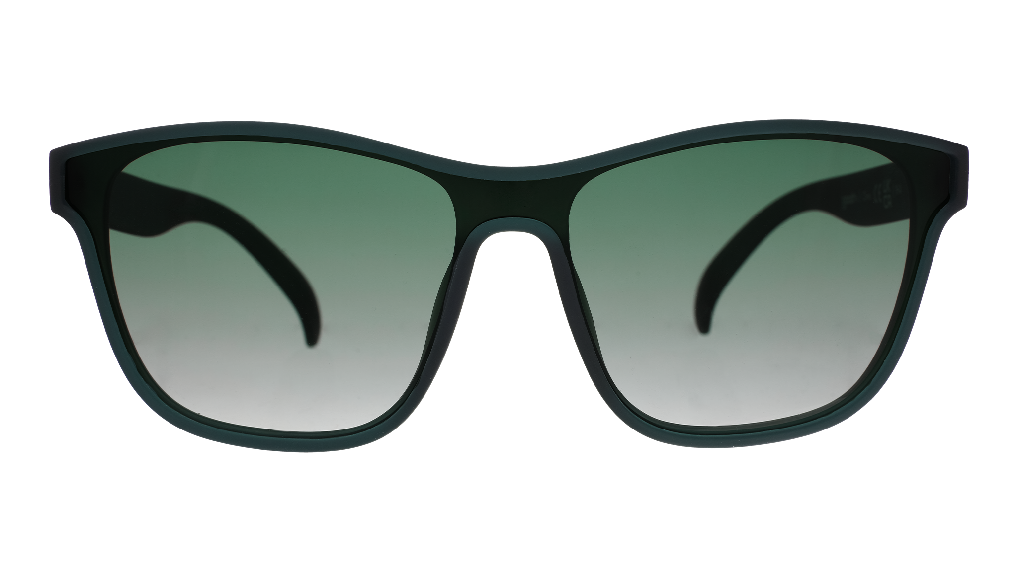 Front view of translucent teal one-lens sunglasses with green gradient lenses.