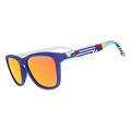 Three-quarter angle view of blue shades with a geometric nautical-inspired design and burnt-orange reflective lenses.