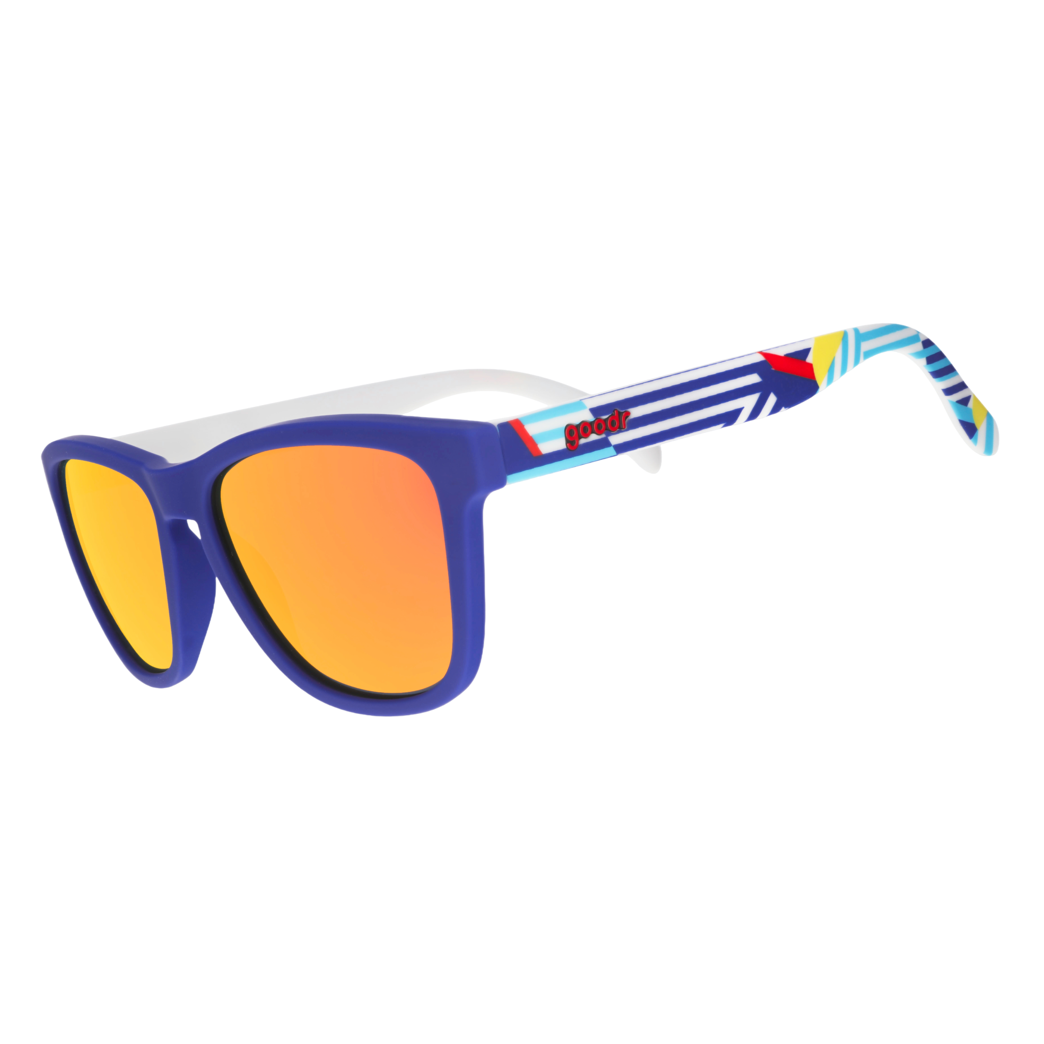 Three-quarter angle view of blue shades with a geometric nautical-inspired design and burnt-orange reflective lenses.