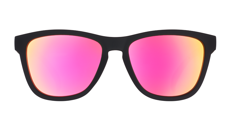 Front view of black sunglasses with hot pink reflective square-shaped lenses.