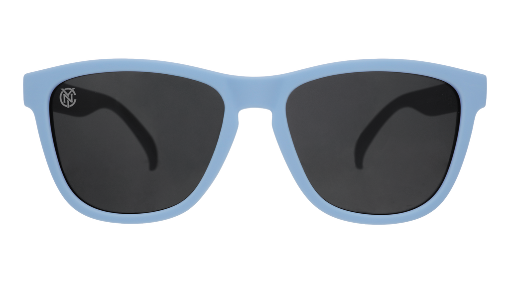 Front view of Major League Soccer NYCFC shades. Navy front frame. Black non-reflective lenses.