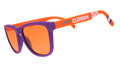 Special edition orange and purple Clemson Universitty goodr sunglasses on a white background.