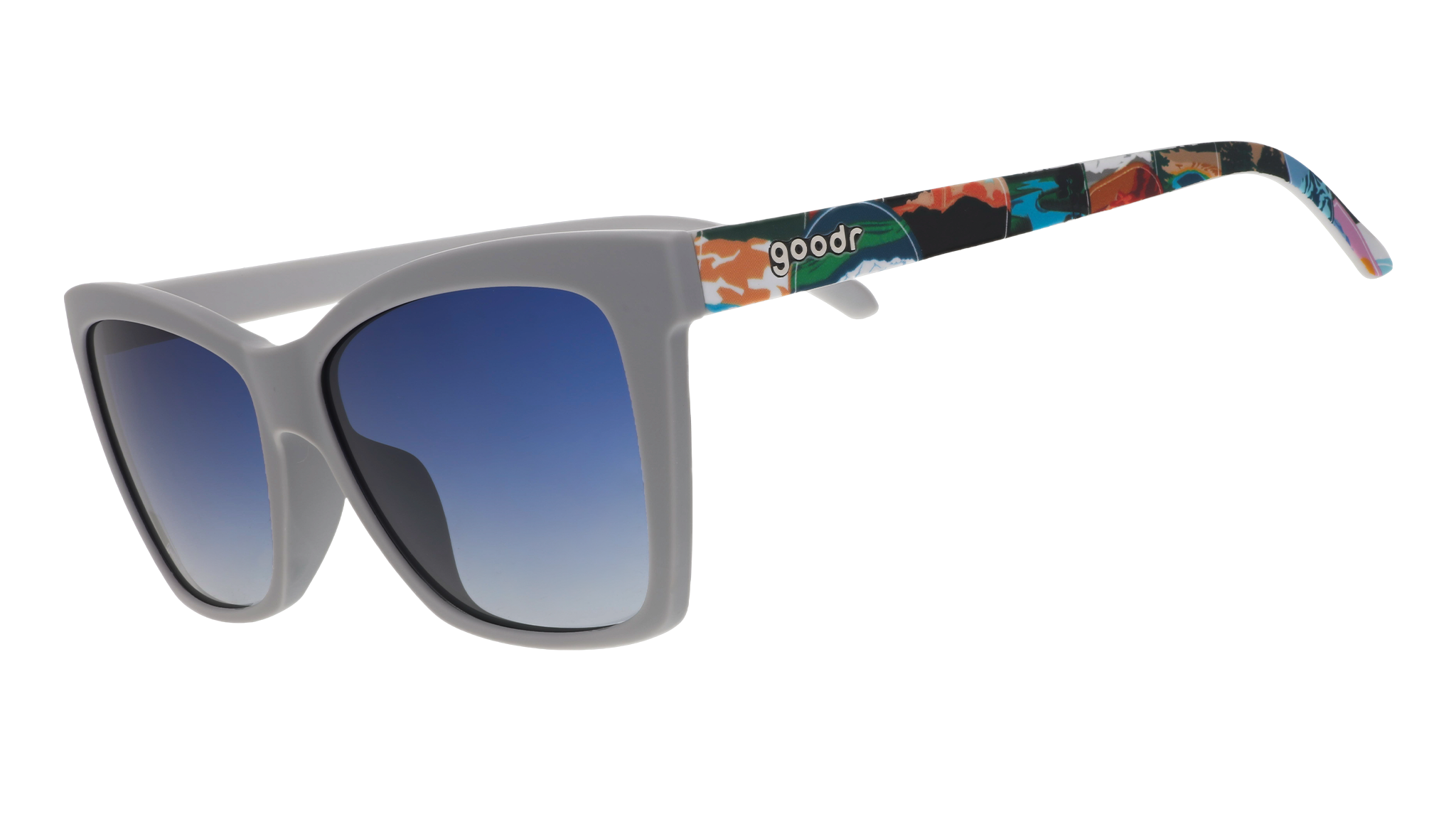 Gray sunglasses with blue gradient lenses and colorful National Park Foundation artwork on the temples.