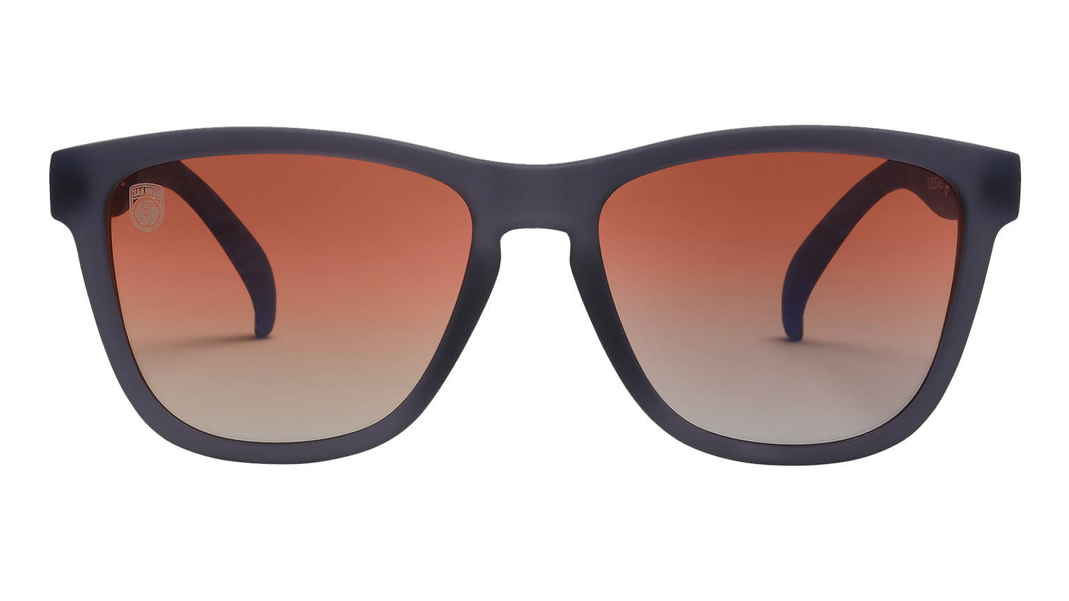 Front view of Major League Soccer San Diego FC sunglasses. Dark gray front frame. Orange gold gradient lenses.