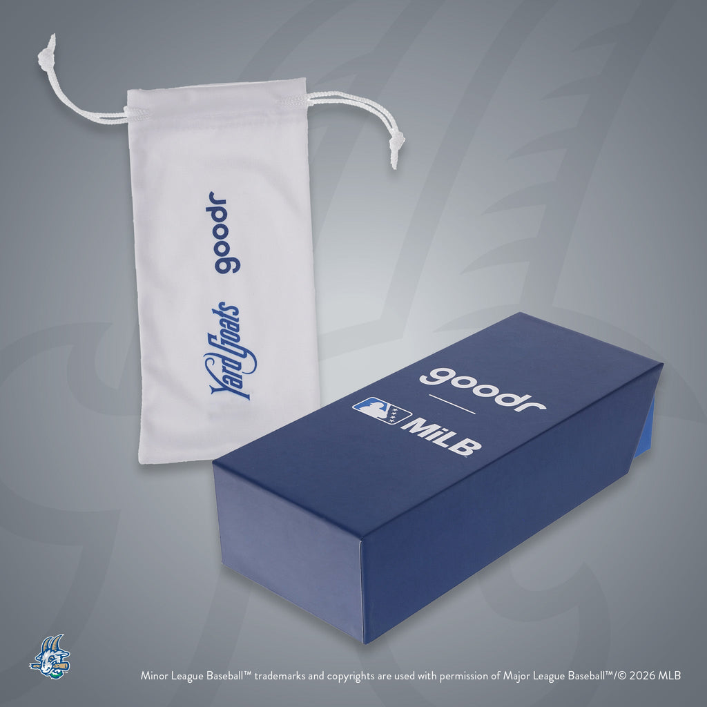 Front view of custom Minor League Baseball-themed packaging with a patterned microfiber bag and box.