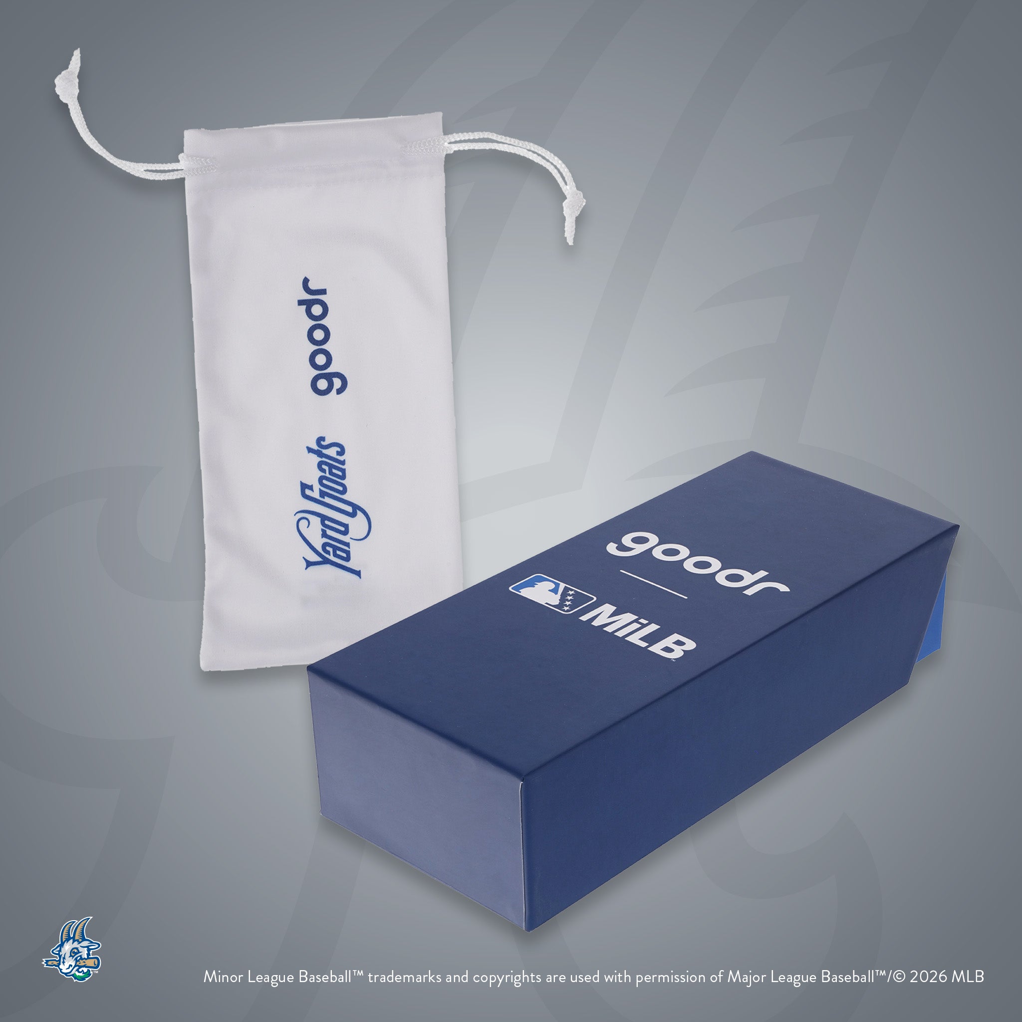 Front view of custom Minor League Baseball-themed packaging with a patterned microfiber bag and box.