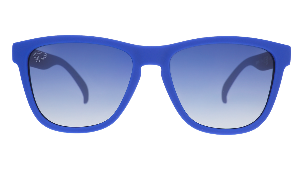 Front view of blue and white sunglasses with blue gradient lenses and the University of Kentucky Wildcat etched on the right lens.