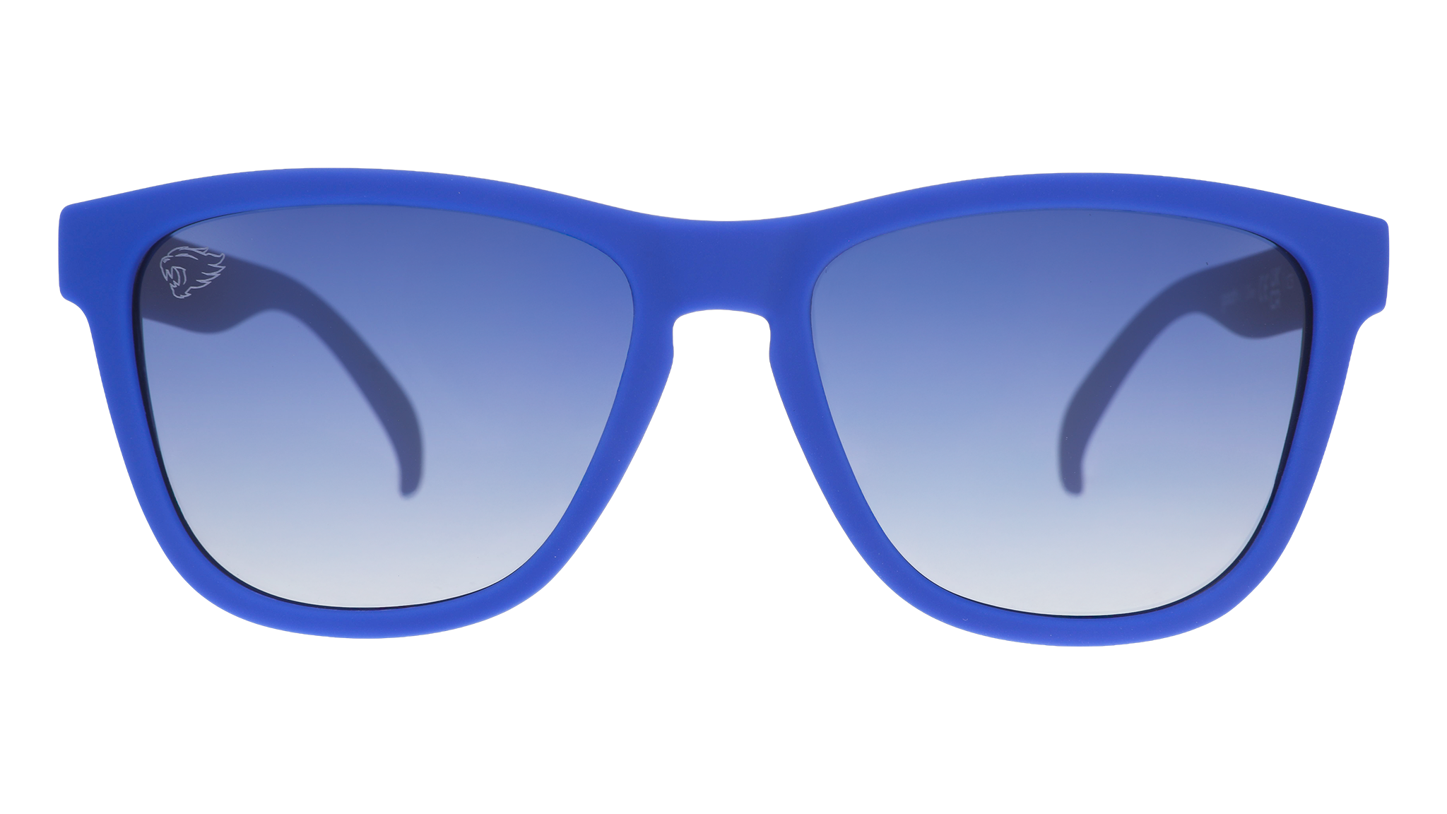Front view of blue and white sunglasses with blue gradient lenses and the University of Kentucky Wildcat etched on the right lens.