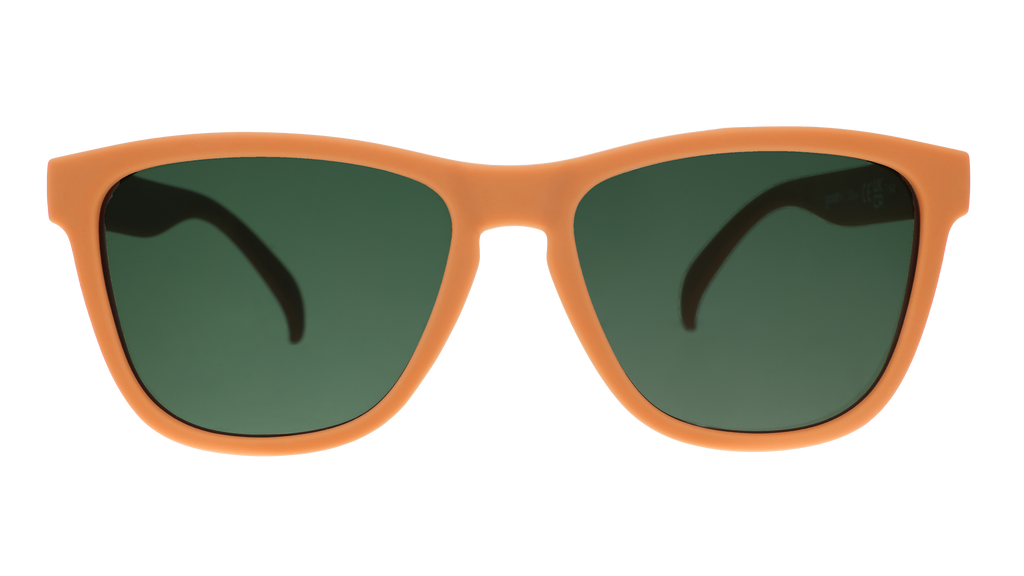 Front view of classic brown sunglasses with green non-reflective lenses.