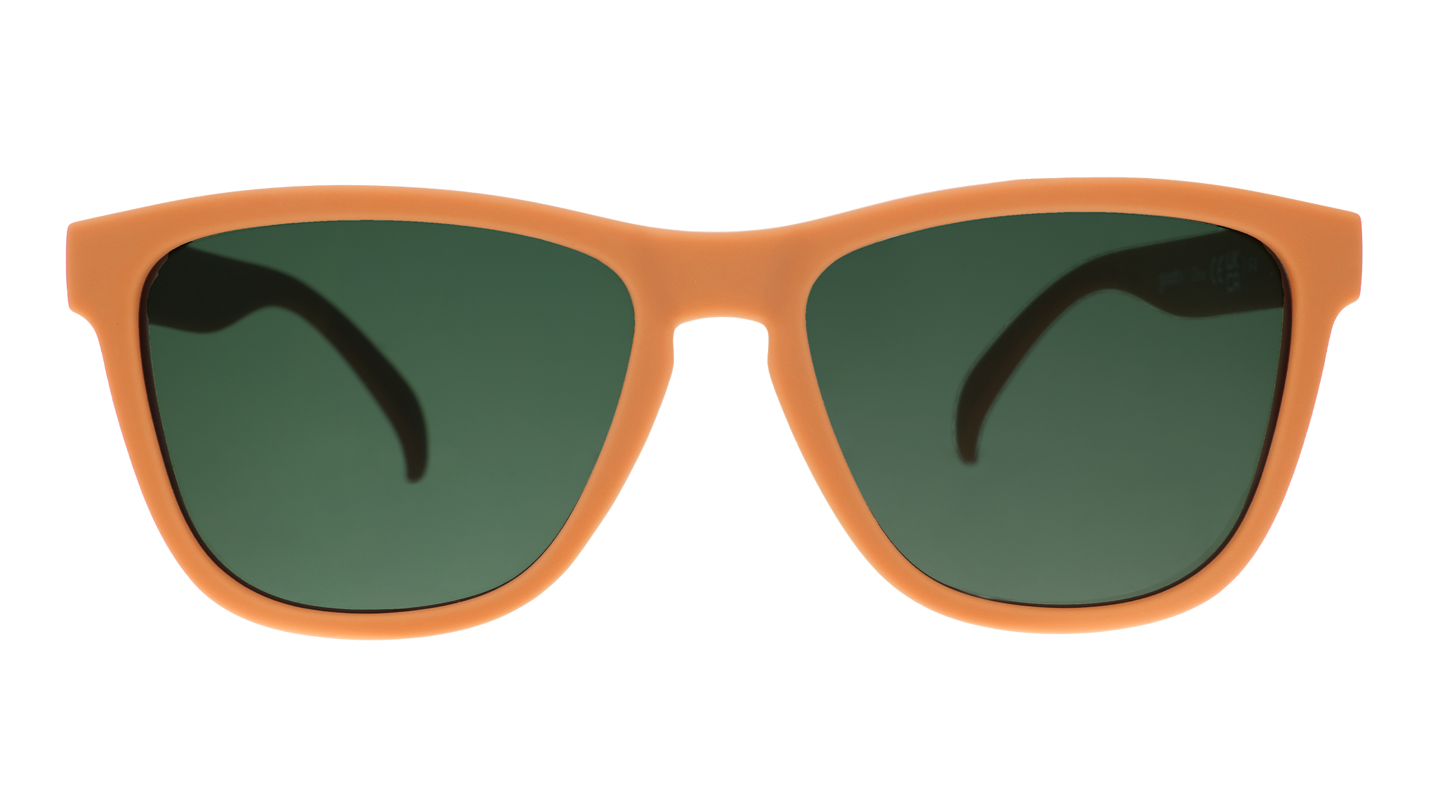 Front view of classic brown sunglasses with green non-reflective lenses.