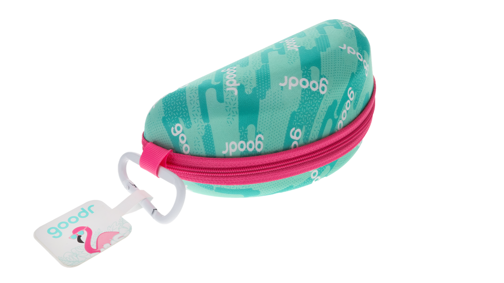 Teal goodr sunglass case with a pink zipper