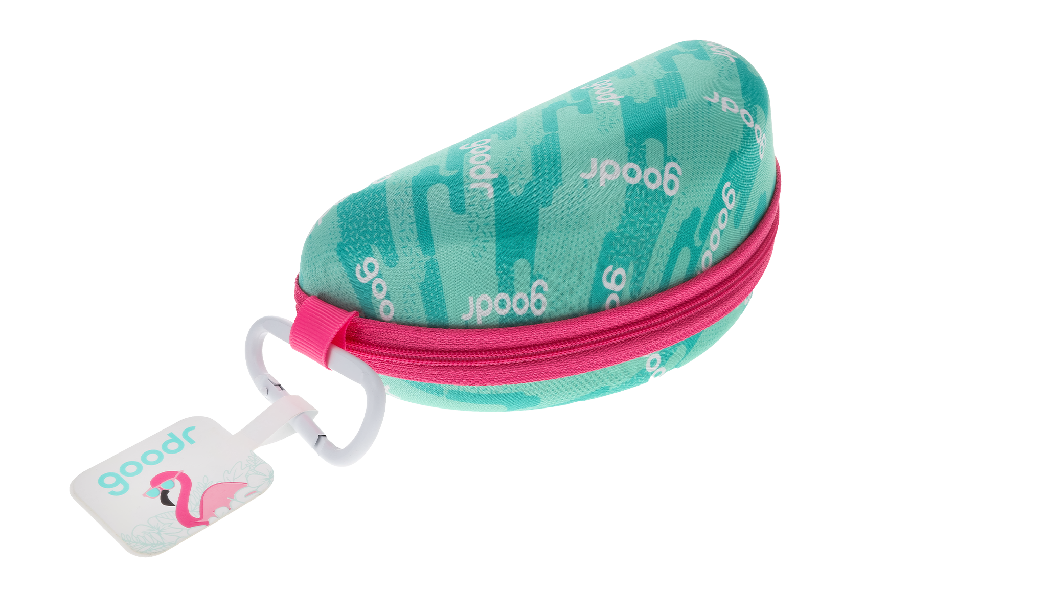 Teal goodr sunglass case with a pink zipper