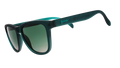 Three-quarter angle view of classic dark teal sunglasses with green gradient lenses.