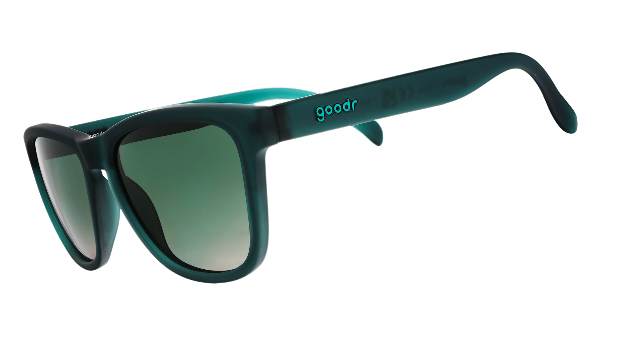 Three-quarter angle view of classic dark teal sunglasses with green gradient lenses.