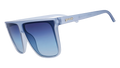 Three-quarter angle view of oversized, dusty blue Fly G sunglasses with blue gradient lenses.