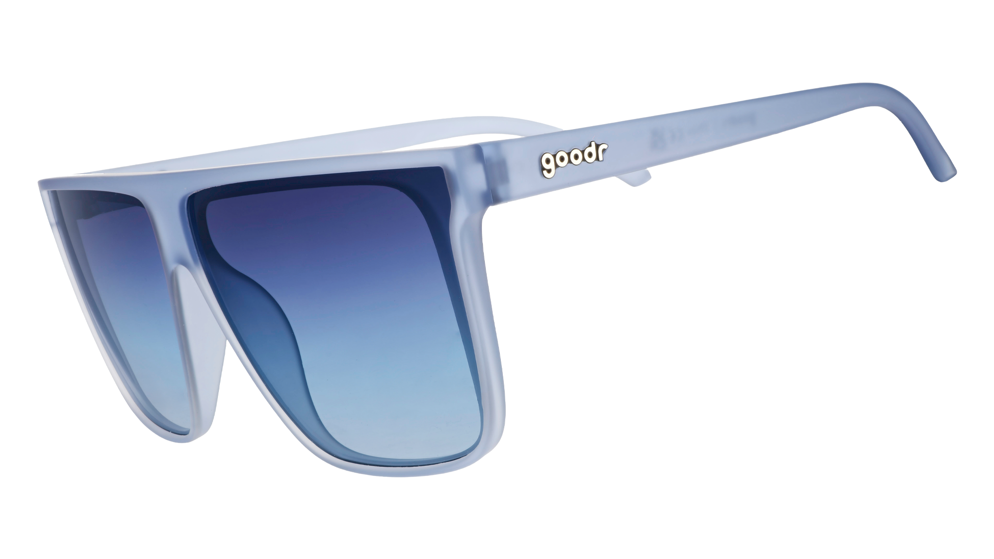 Three-quarter angle view of oversized, dusty blue Fly G sunglasses with blue gradient lenses.