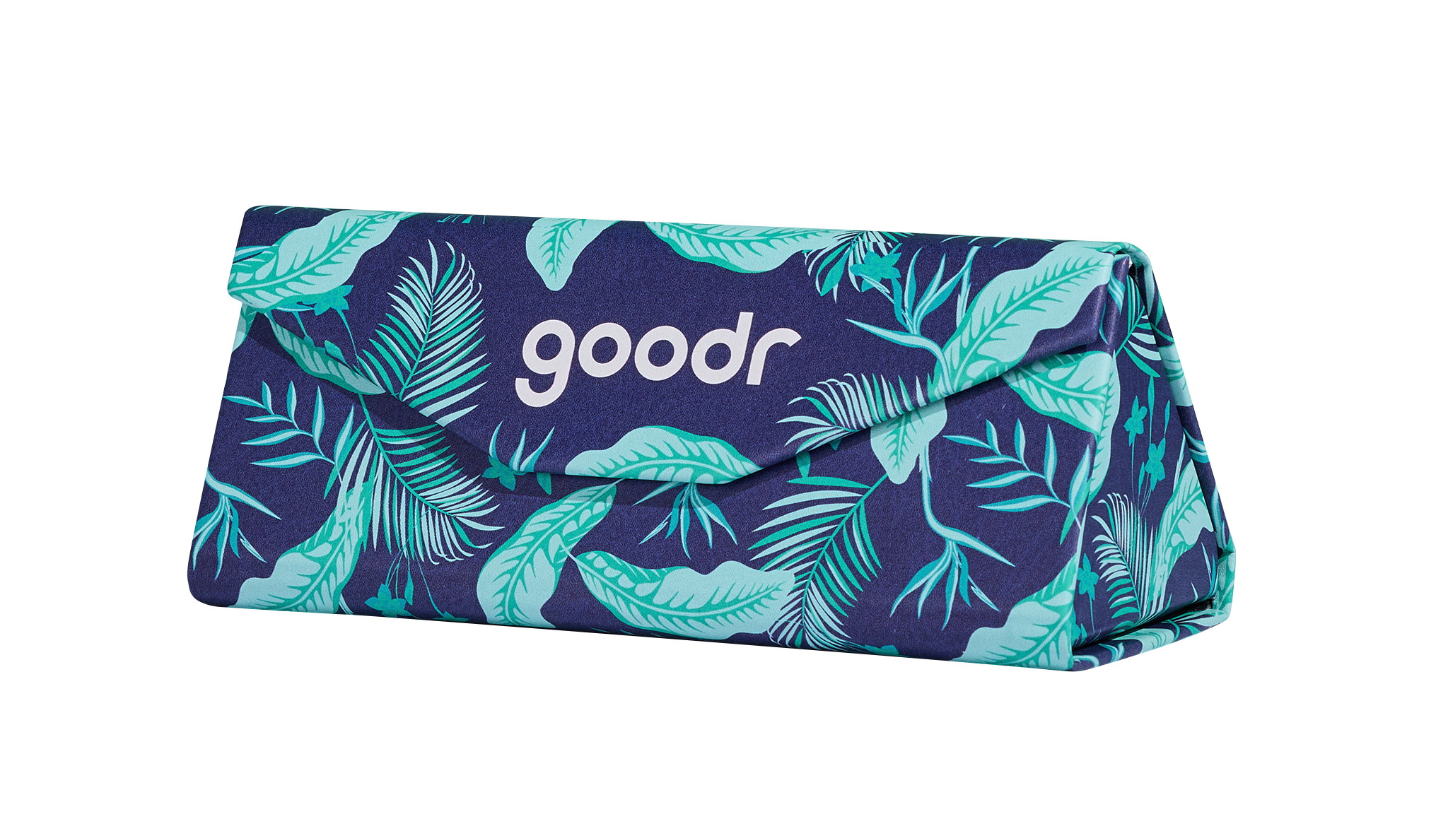 Three-quarter angle view of the Enter the Fold navy and teal tropical-print sunglasses case showing it expanded and closed shut.