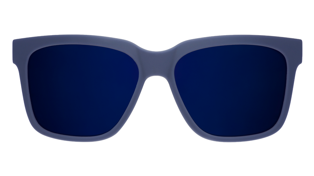 Front view of dark blue sunglasses with dark blue lenses designed to float in water.