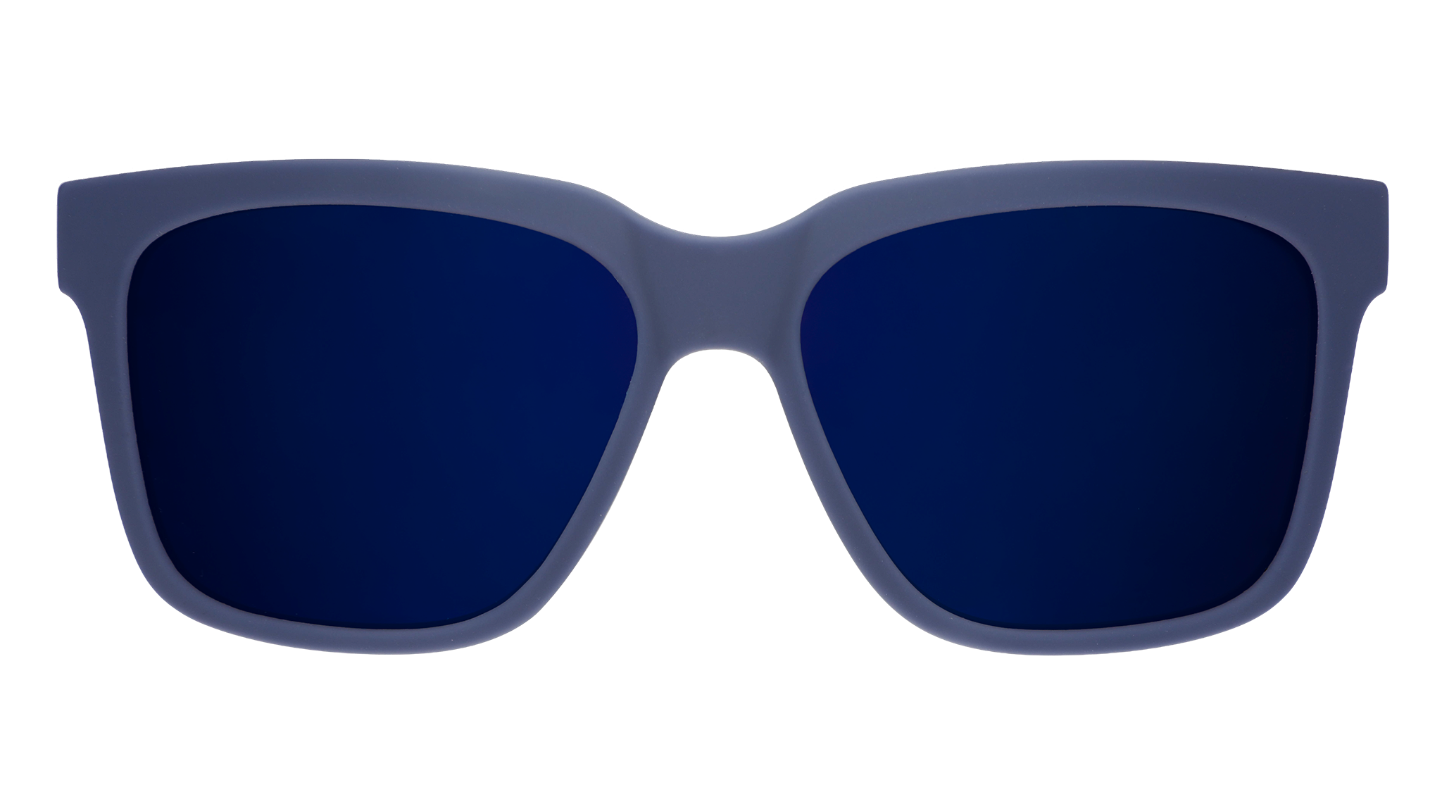 Front view of dark blue sunglasses with dark blue lenses designed to float in water.
