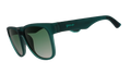 Three-quarter angle view of large dark teal sunglasses with green gradient lenses.