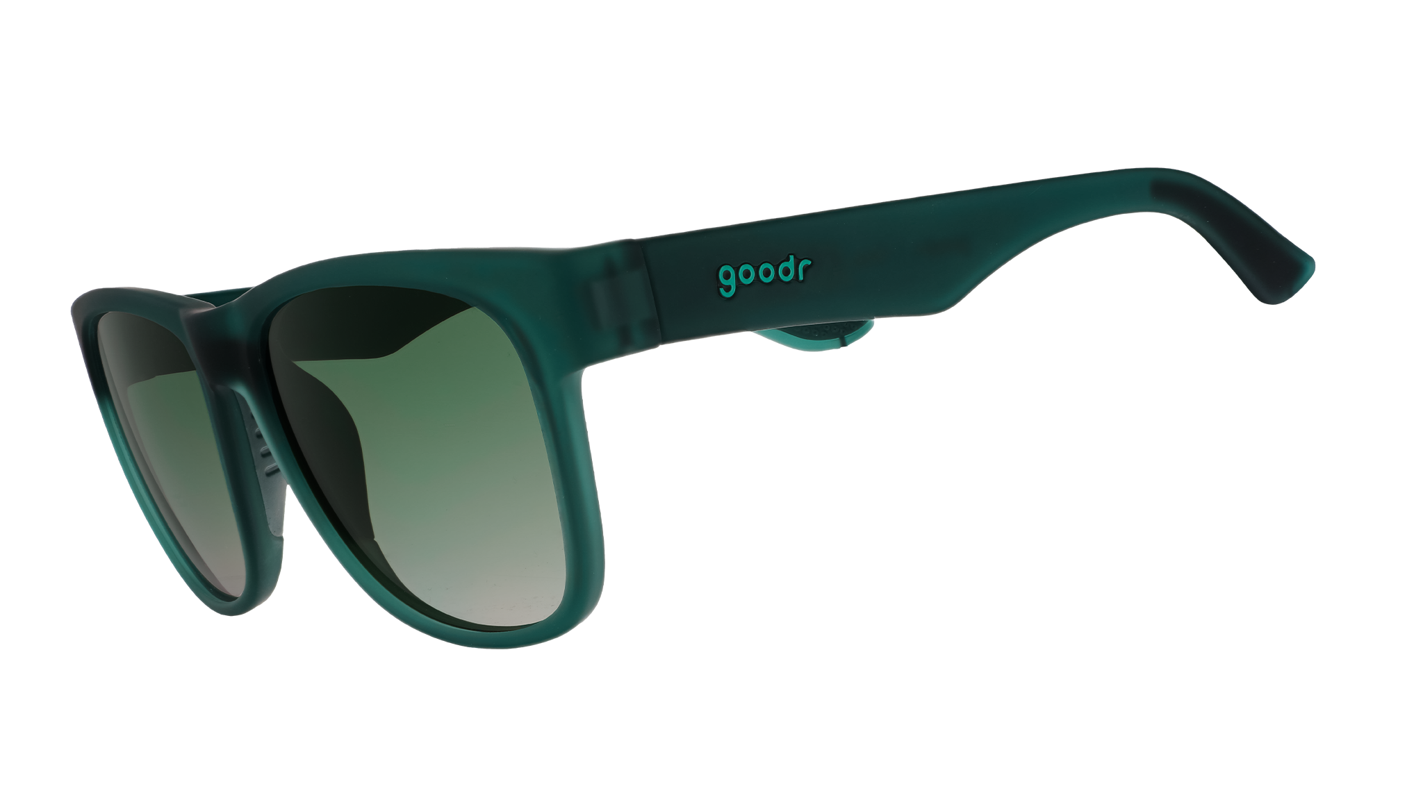 Three-quarter angle view of large dark teal sunglasses with green gradient lenses.