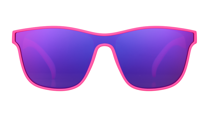 Front view of hot pink sunglasses with a futuristic purple single lens.