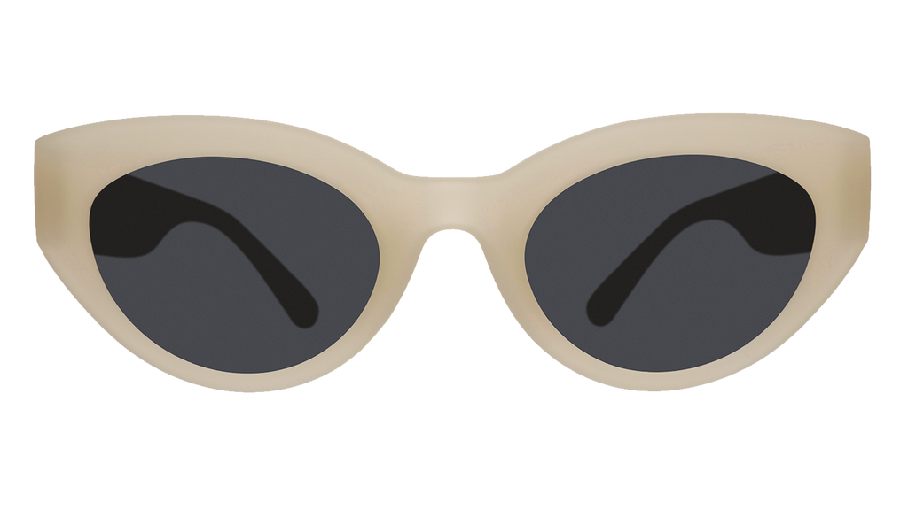 Front view of translucent soft cream, retro-inspired angled cat-eye sunglasses with black non-reflective lenses.