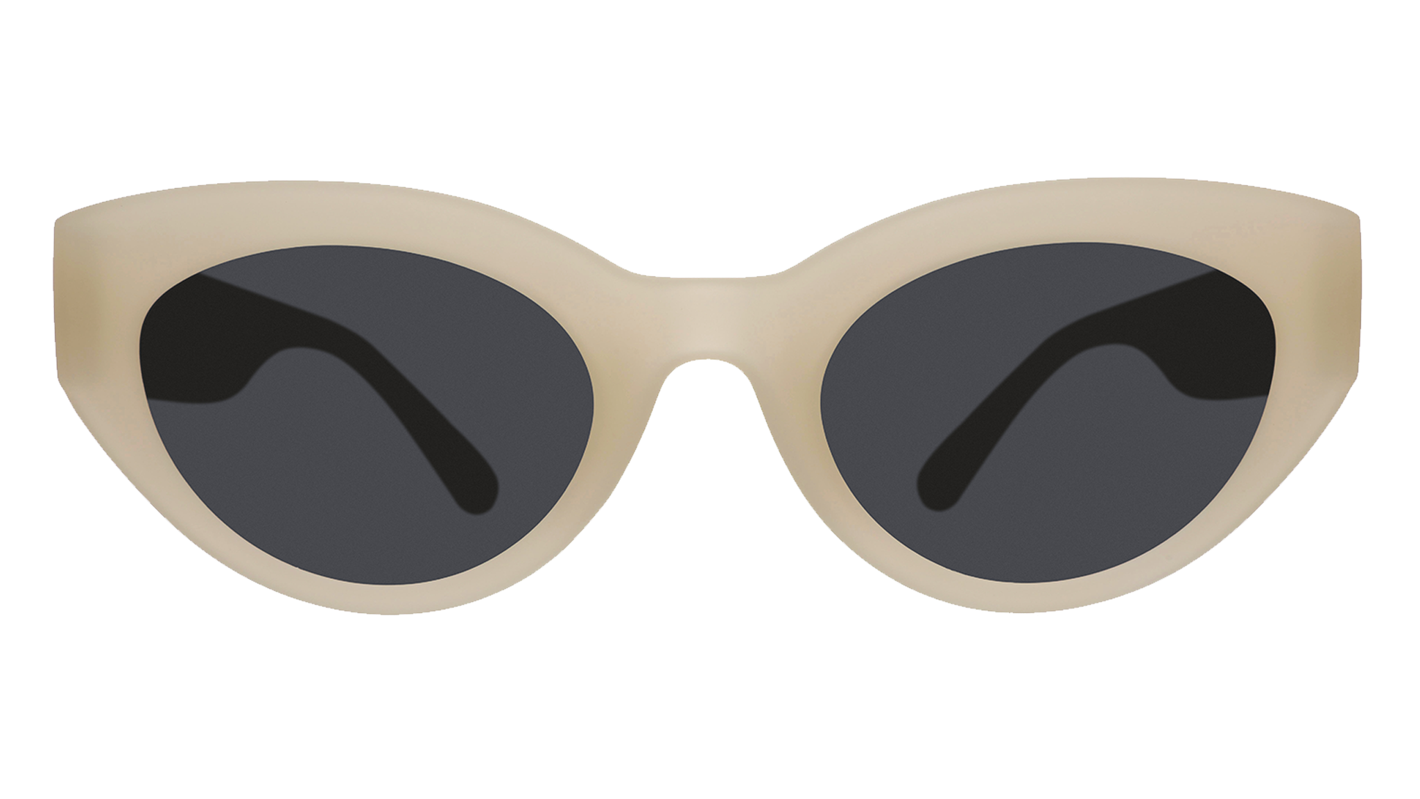 Front view of translucent soft cream, retro-inspired angled cat-eye sunglasses with black non-reflective lenses.