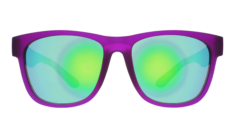 Front view of square-shaped purple sunglasses with green mirrored lenses.