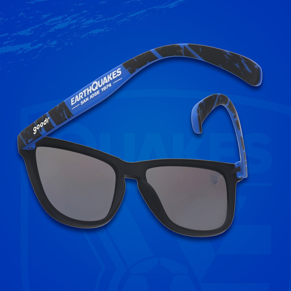 Three-quarter angle back view of MLS San Jose Earthquakes shades. Black+blue frames. Blue reflective lenses.