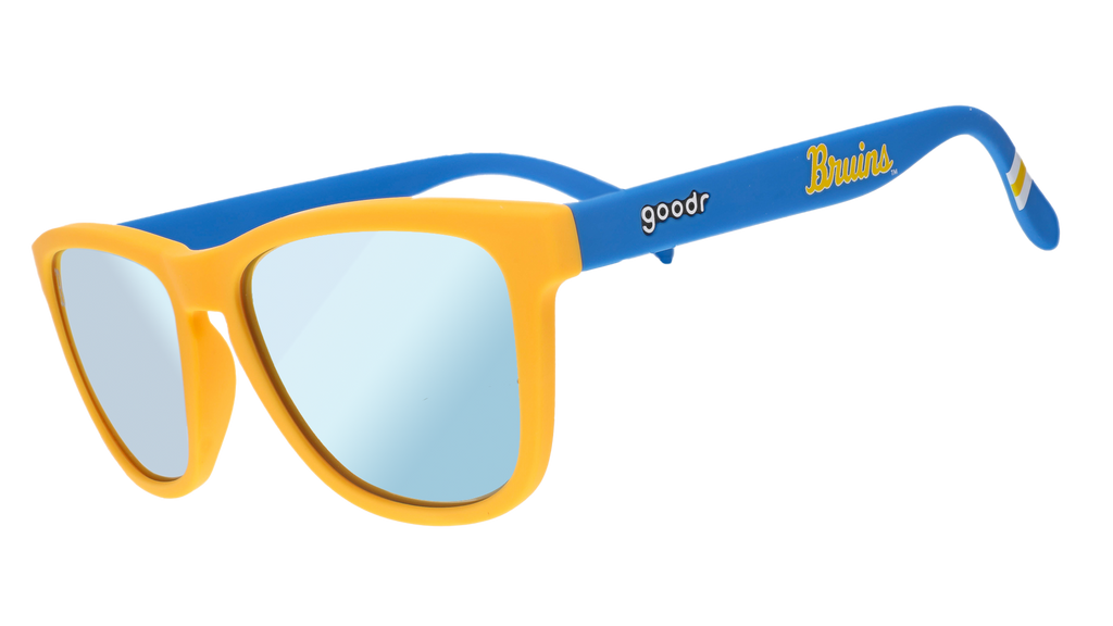 Bruins goodr sunglasses, with yellow frames and blue temples