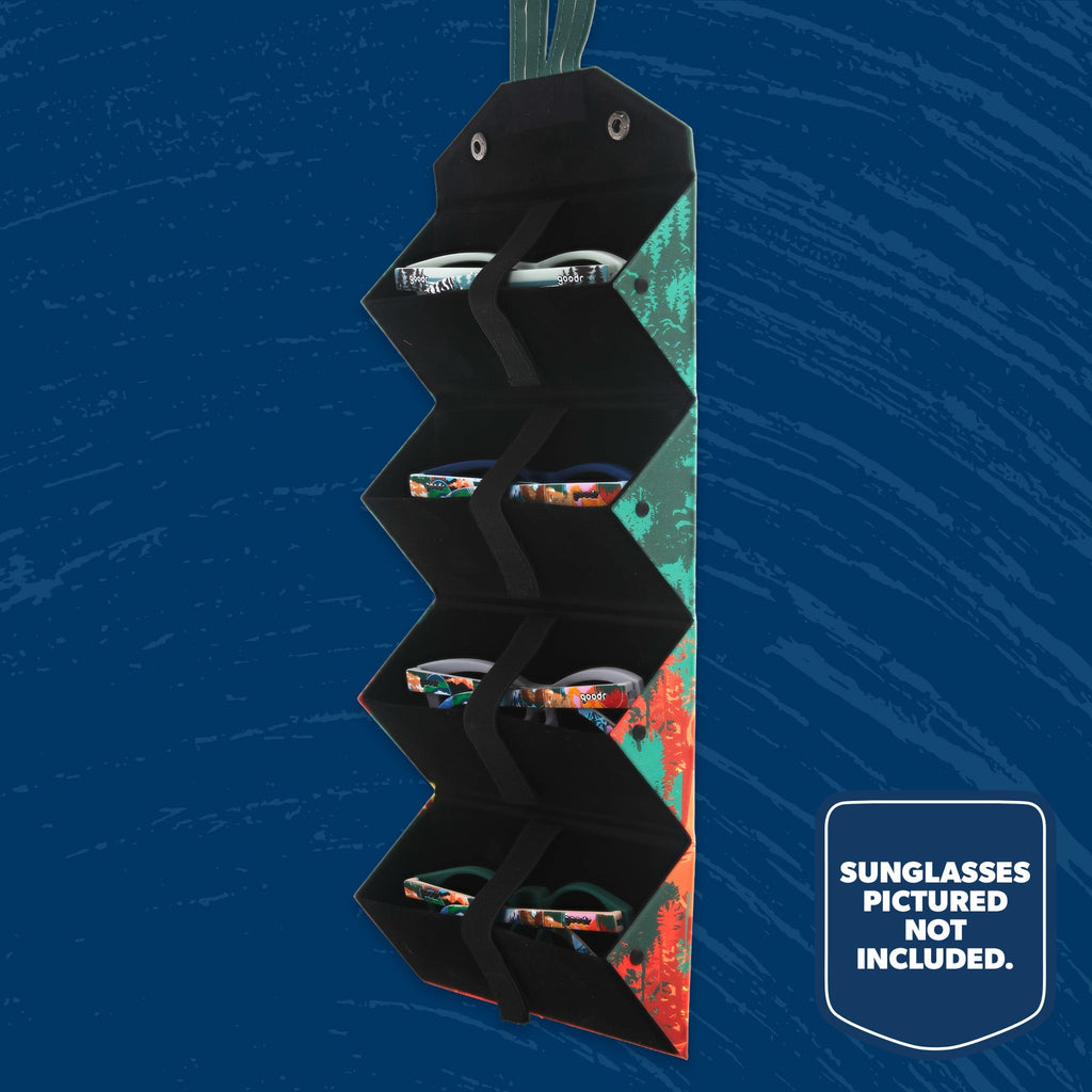 Foldable National Park Foundation & goodr sunglasses case hanging open with four storage pockets. Sunglasses not included.