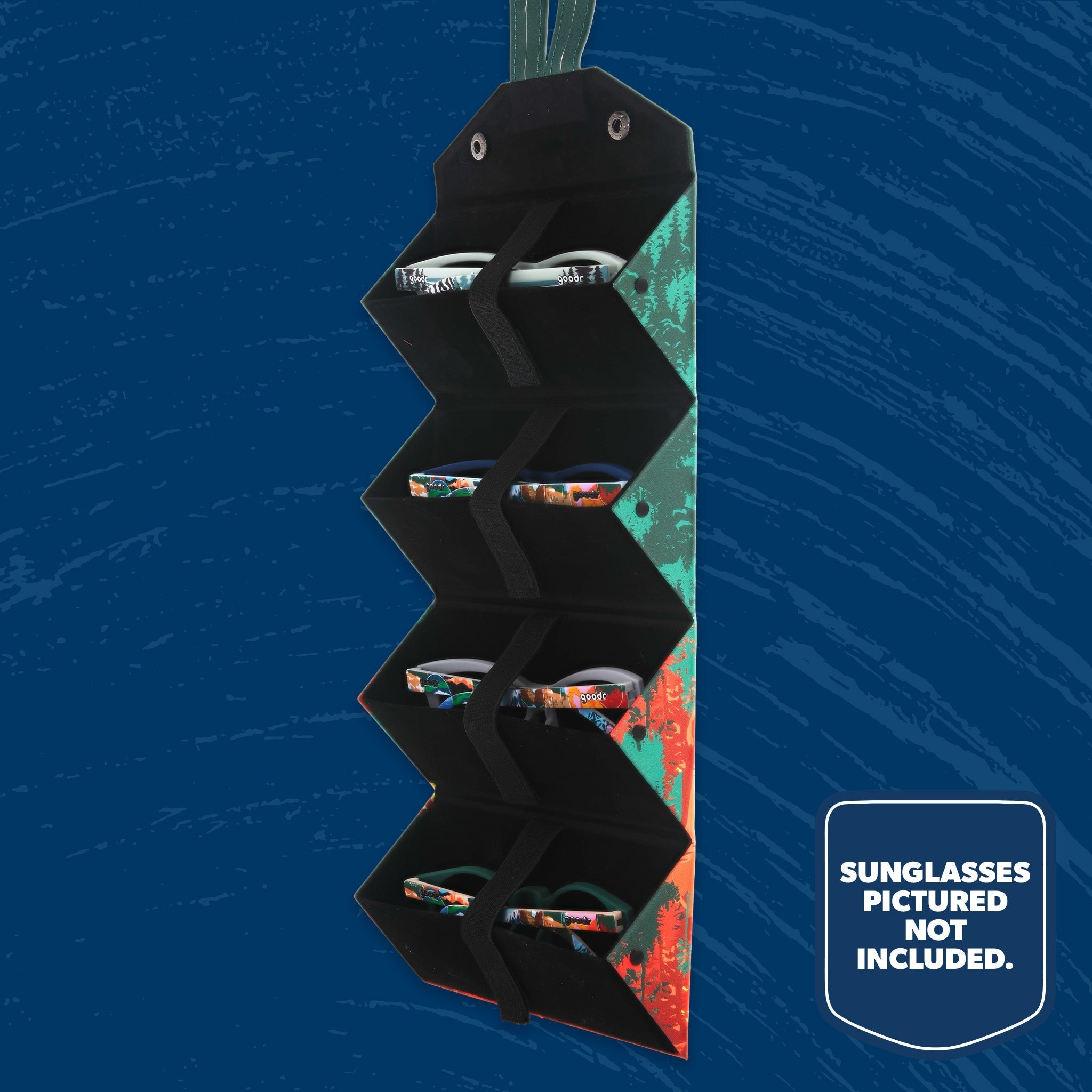 Foldable National Park Foundation & goodr sunglasses case hanging open with four storage pockets. Sunglasses not included.