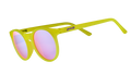 Three-quarter angle view of yellow round sunglasses with rose-tinted circle lenses.