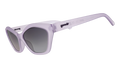 Three-quarter angle view of translucent pale purple geometric cat-eye Deco G sunglasses with black gradient lenses.
