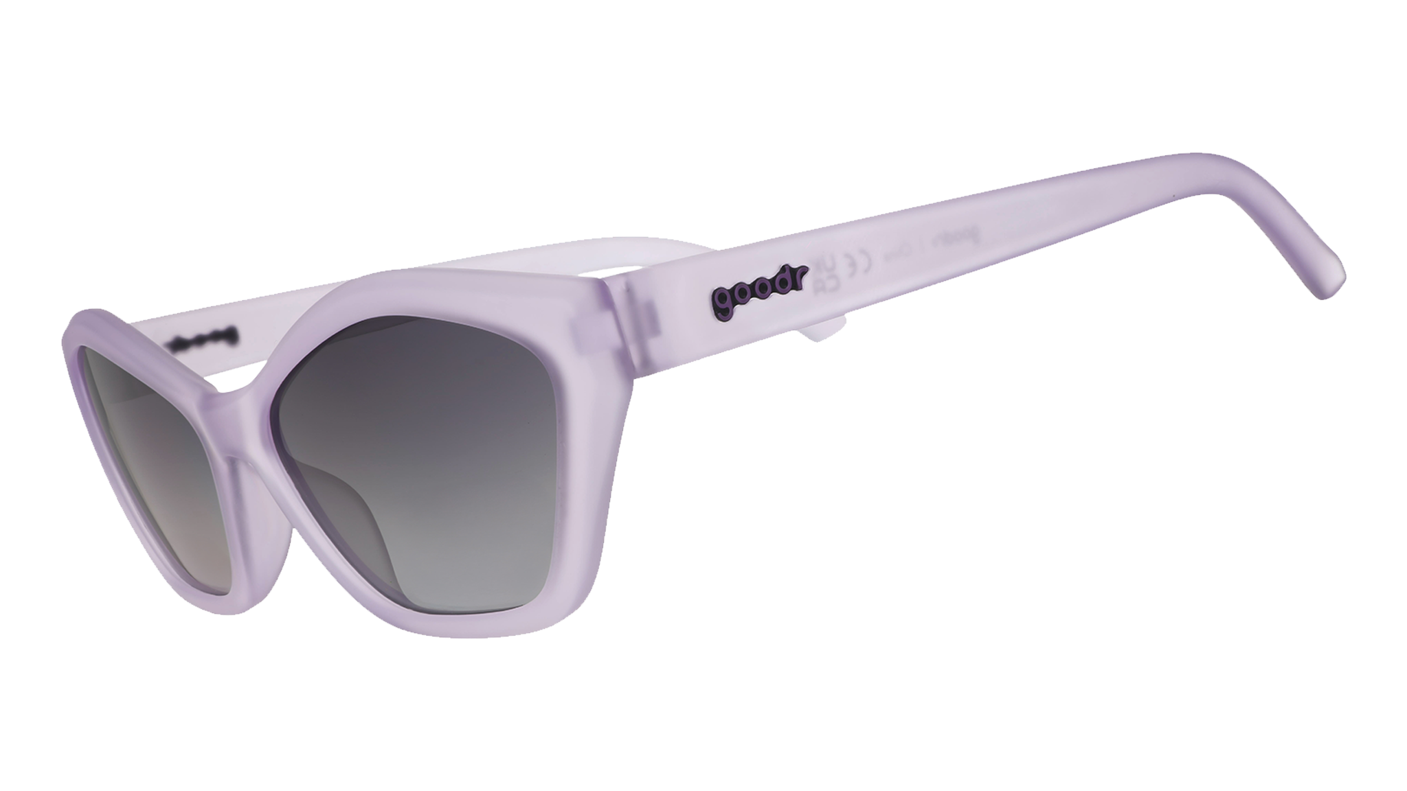Three-quarter angle view of translucent pale purple geometric cat-eye Deco G sunglasses with black gradient lenses.