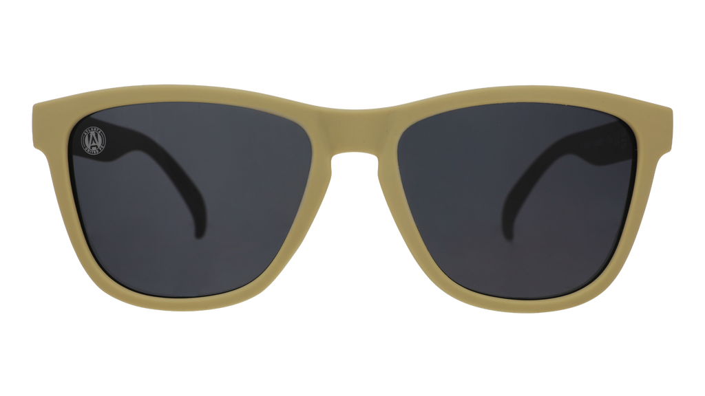 Front view of Major League Soccer Atlanta United shades. Gold front frame. Black non-reflective lenses.