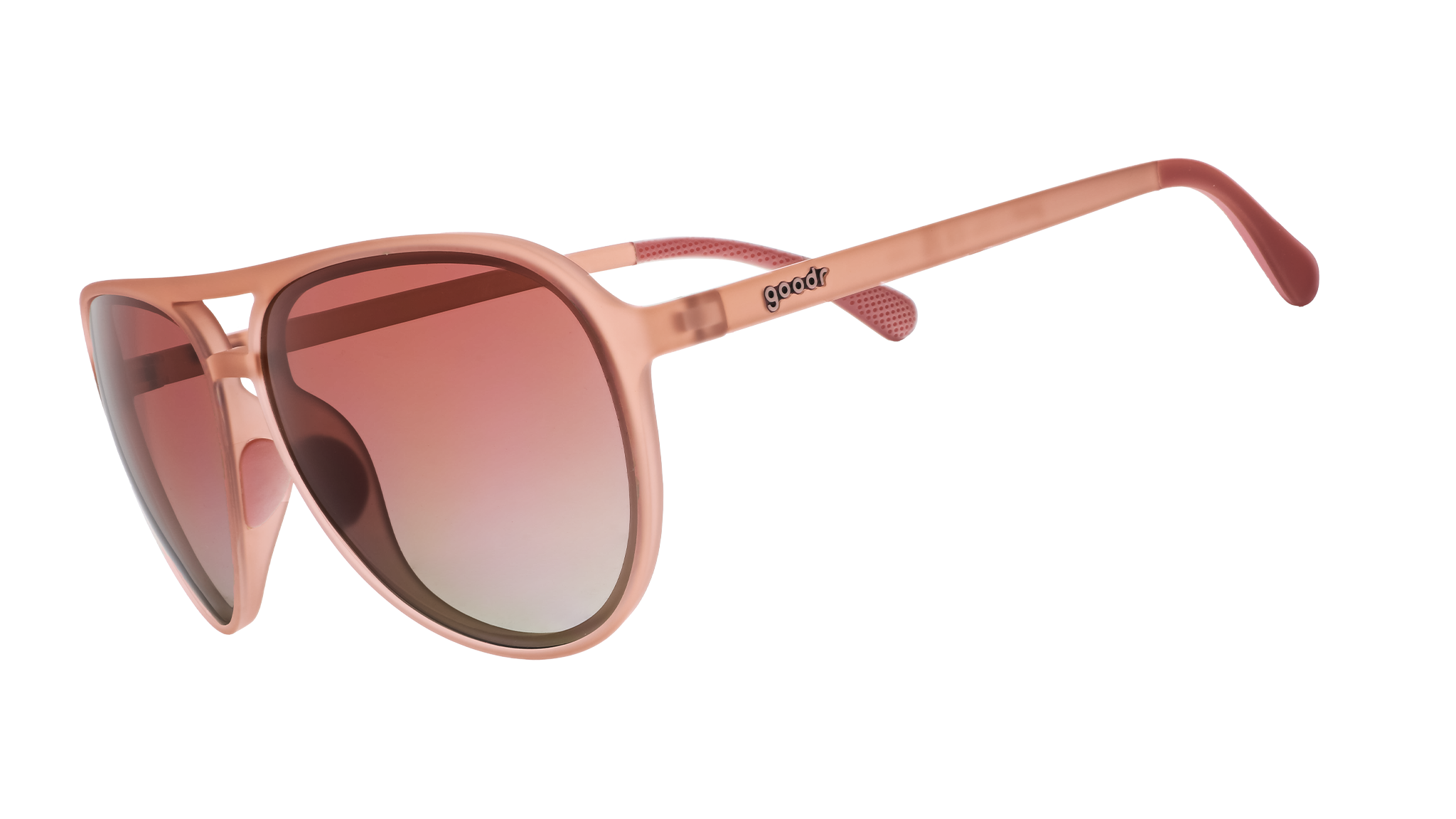 Three-quarter angle view of translucent pink aviator sunglasses with rose gradient lenses.