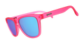 Three-quarter angle view of pink sunglasses with teal reflective lenses.