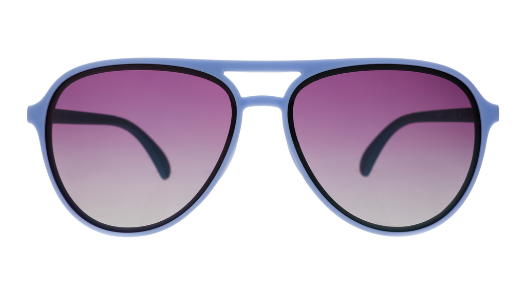 Front view of light blue aviator sunglasses with purple gradient lenses.