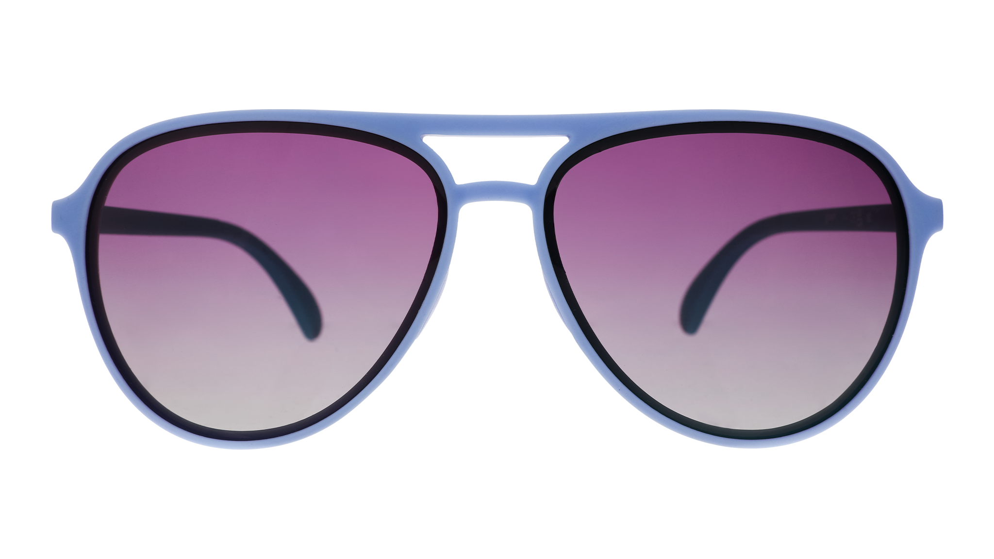 Front view of light blue aviator sunglasses with purple gradient lenses.